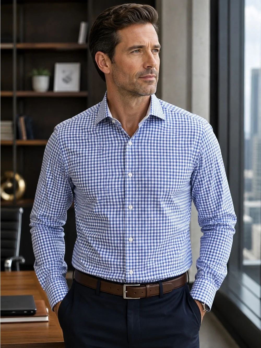 TailorByrd Collection Non-Iron Trim Fit Blue White Check Cotton Dress Shirt 16.5